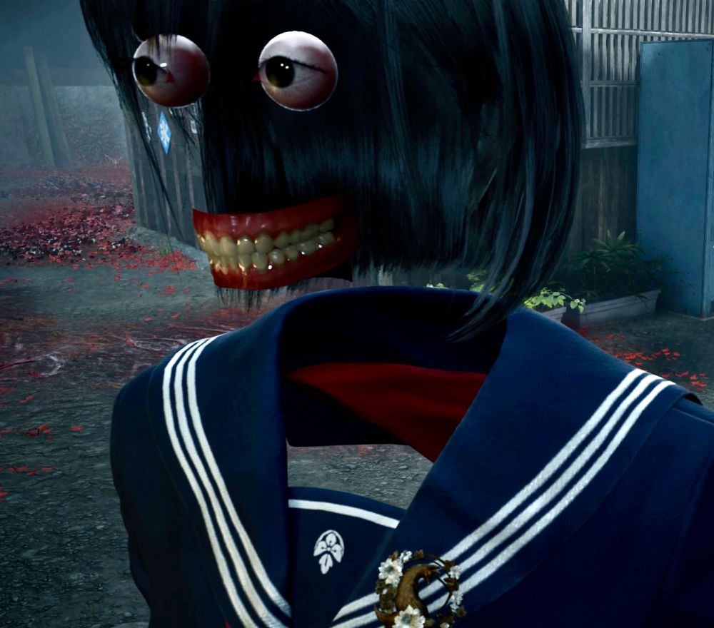 Silent Hill f screenshot showing a bug I encountered last night: Hinako, the protagonist, has no face, but the eyeballs and mouth are in place, giving a creepy / funny vibe.