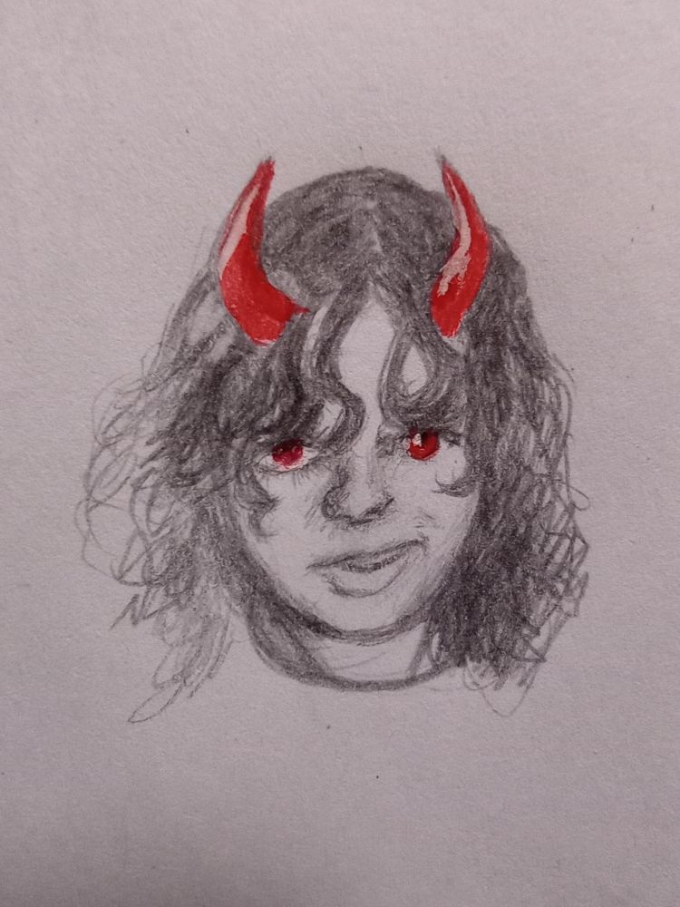 Pencil sketch of Apo with red demon horns and red eyes looking straight at the viewer. She is looking straight at the viewer such that the drawing's red eyes follow you. Their expression is a playful smirk.