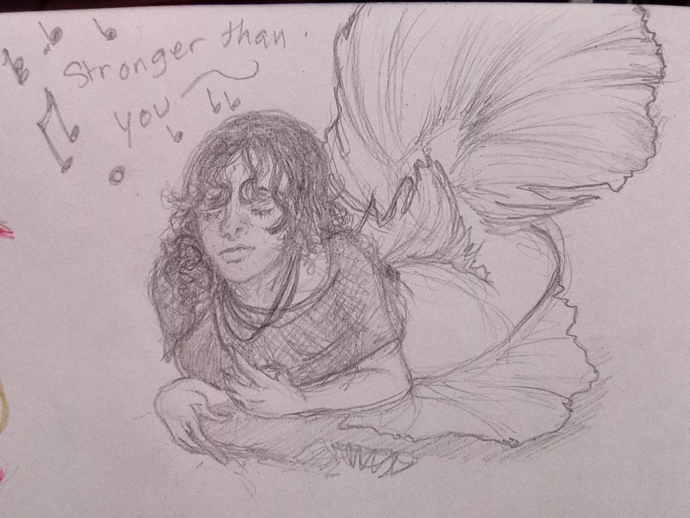 Pencil sketch of Apo with a betta fish tail laying on a rock. They are singing "stronger than you" with notes scattered about. Her expression seems satisfied and taken with the music, with eyes closed and mouth slightly pursed.
