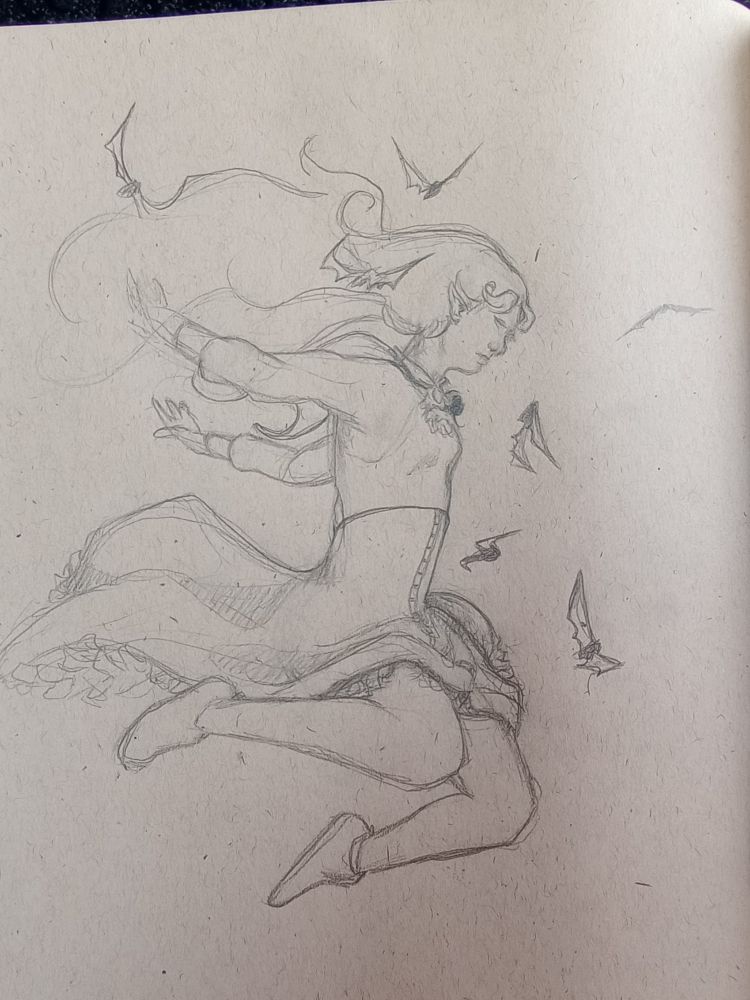 Pencil sketch on brown paper of v!Apo jumping. There are seven bats flying around her. Her hair and hands are less defined.