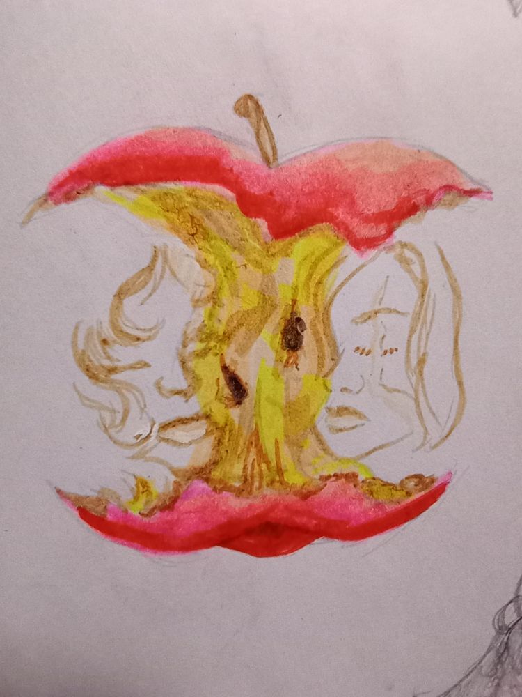 A marker sketch of an apple core. On closer inspection, there are human faces in each side of the bitten out parts of the apple- cowboy Apo's profile is on the left facing right, while cowboy Cherri is on the right facing left. Their hair artistically blends into the apple flesh. Both of their eyes are closed. This format is known as the "apple core trend"