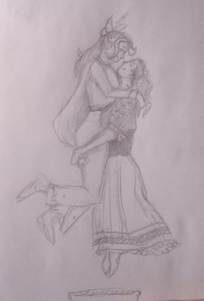 Rough pencil sketch of cowboy Apokuna holding cowboy Cherrifire and jumping on Cherri's new bounce 