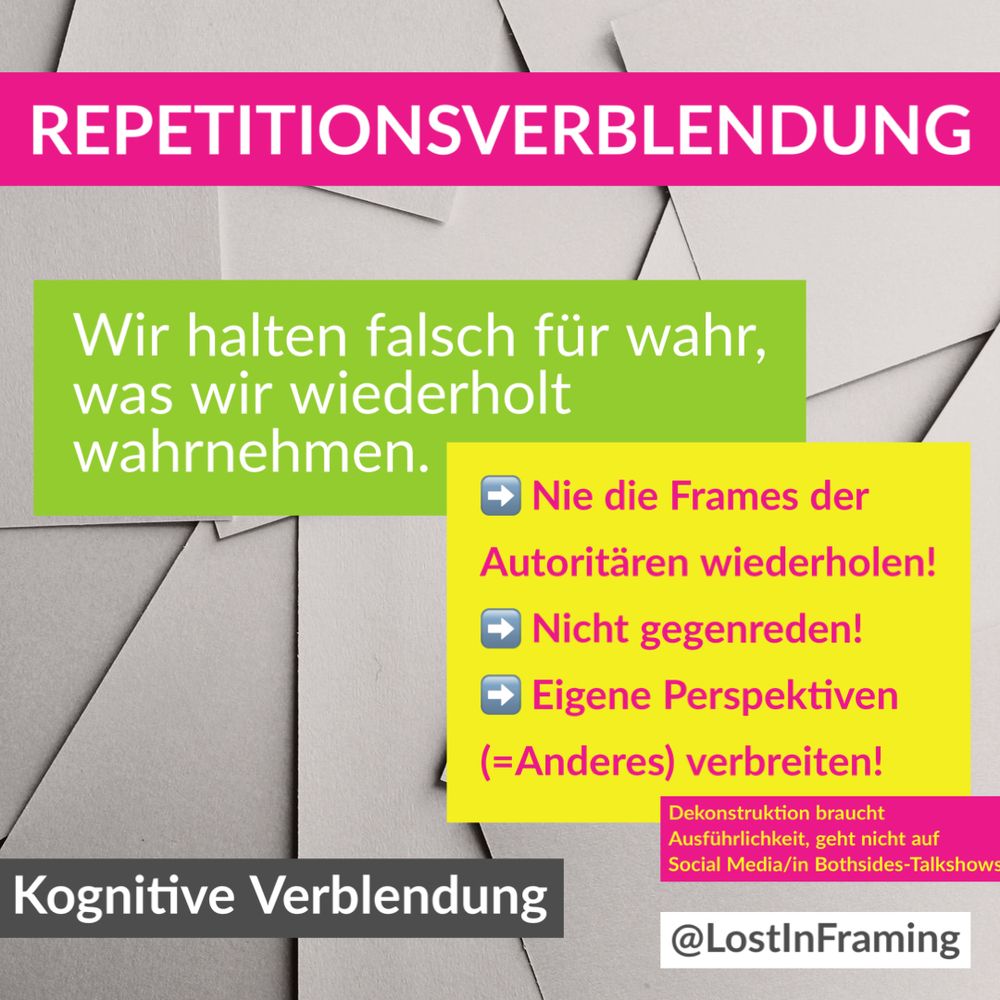 Repetitionsverblendung (kognitive Verblendung):

Wir halten falsch für wahr, was wir wiederholt wahrnehmen.

-> nie die Frames der Autoritären wiederholen!
-> nicht gegenreden!
-> eigene Perspektiven (= Anderes= verbreiten!

Dekonstruktion bräuchte Ausführlichkeit, geht nicht auf Social Media/in Bothsides-Talkshows

Lost in Framing