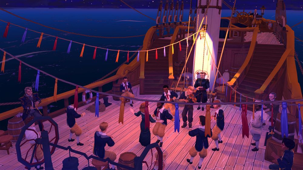 An image of the top deck of a large, beautiful sailing ship. The crew and passengers are all dancing and playing music and partying.