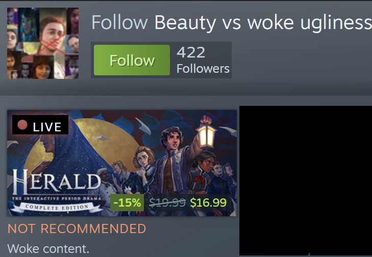 steam curator "beauty vs woke ugliness" marking our game "not recommended" for woke content