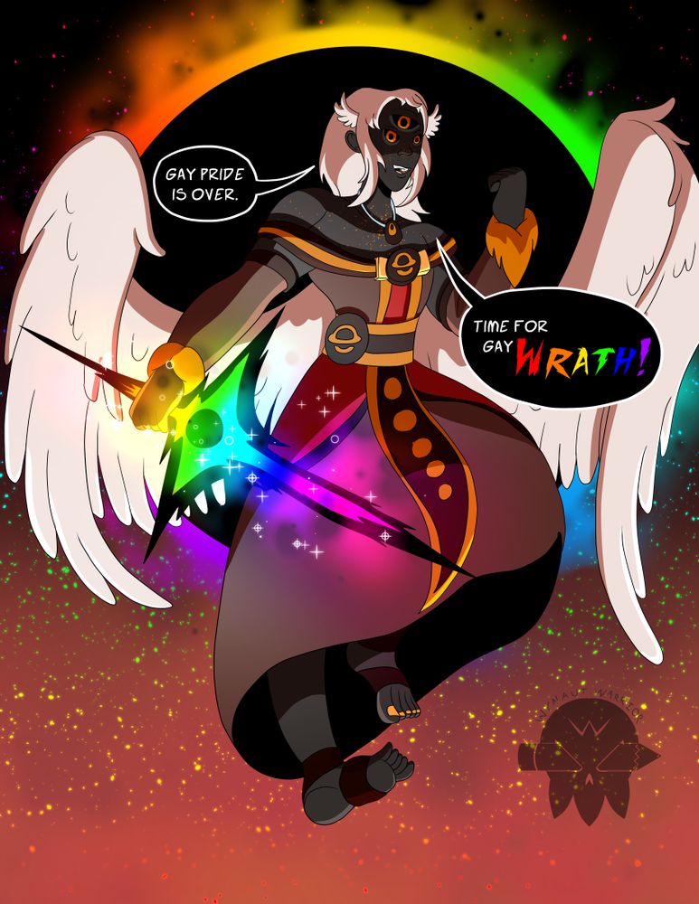 A shadowy angelic individual with a rainbow star-like sword. They are flying in front of a black-hole with a rainbow ring around it.

Text Reads: Gay Pride is over. Time for Gay WRATH!