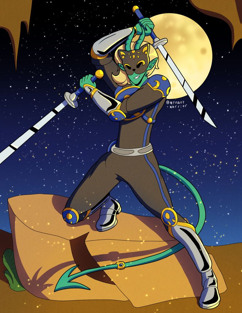 A teal tiefling in a cat themed rogue's outfit. They are holding two swords. They're standing by the mouth of a cave while sparks from a campfire fly in front of them.