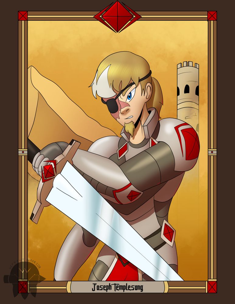 A knight with blonde hair holding a sword in front of him. His armor is decorated with a red diamond crest. The right side of his face has a burn scar over his eye and an eyepatch covers his right eye. The area where his hair meets his burn scar is bleached white.

Text Reads: Joseph Templesong.
