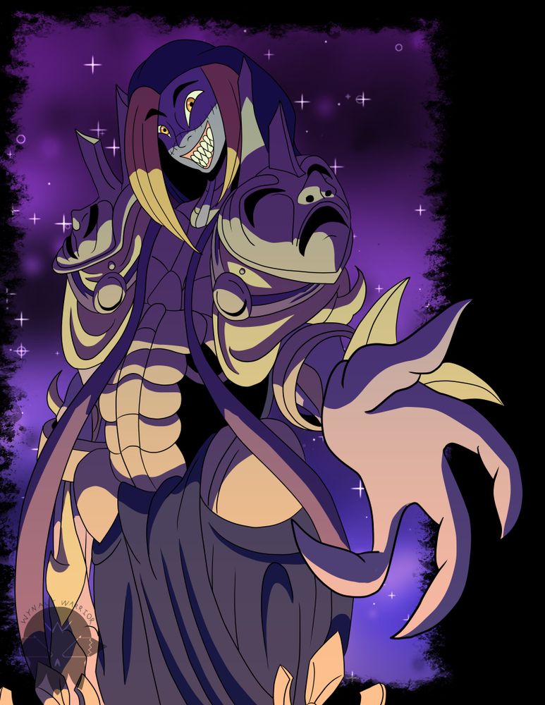 A large skeletal hooded individual with a sinister toothy smile, holding out their hand to the viewer.