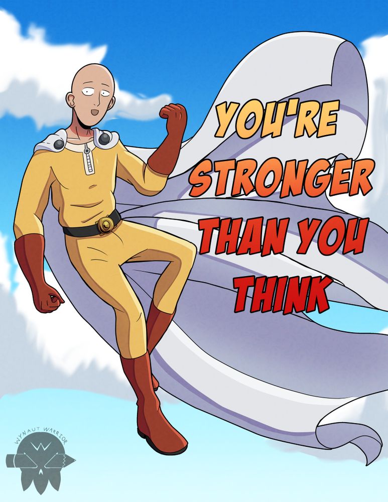 A picture of Saitama from One Punch Man, in the air, his cape blowing in the wind. In front of his cape are the words, 
