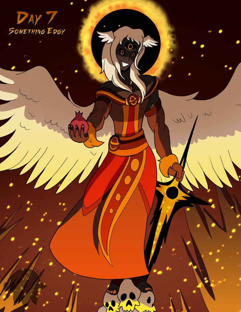 A fallen angel with white wings holding a sword and a pomegranate, standing on a pile of skulls.