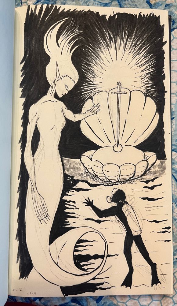 A scuba diver looks up at a giant mermaid who gestures to a glowing sword in a clamshell 