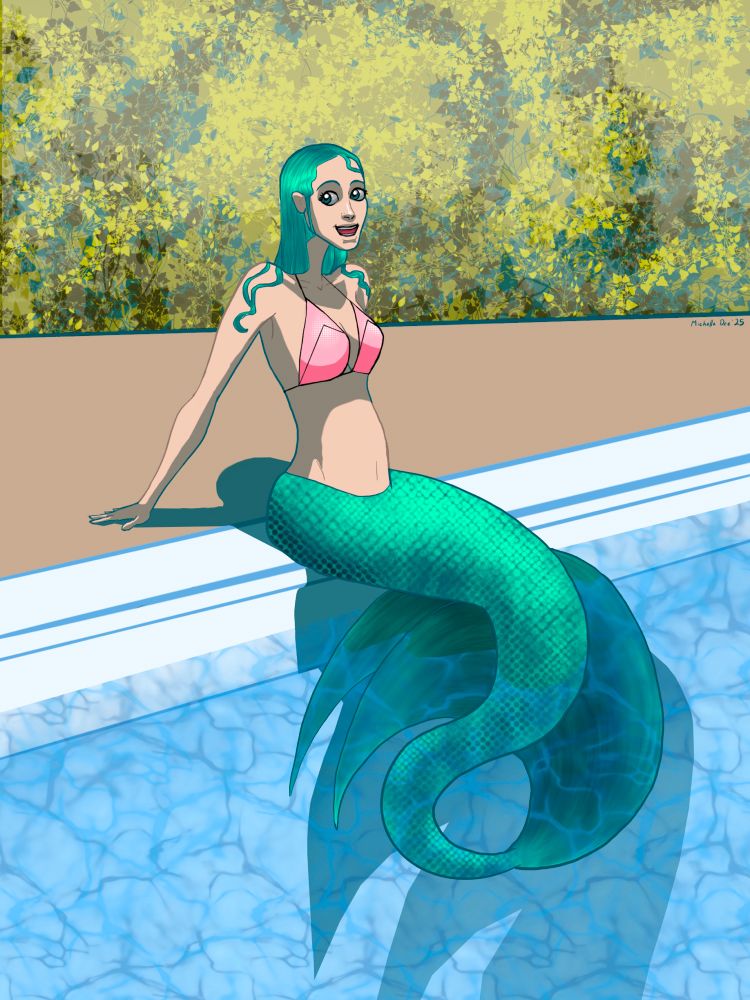 Mermaid with teal hair and tail sitting on the side of an in ground pool 