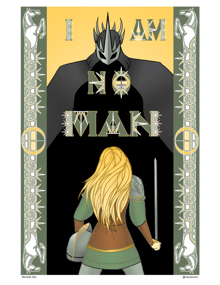 Eowyn faces down the Witch King. "I Am No Man" is written in stylized text that matches the horse-themed border design. 