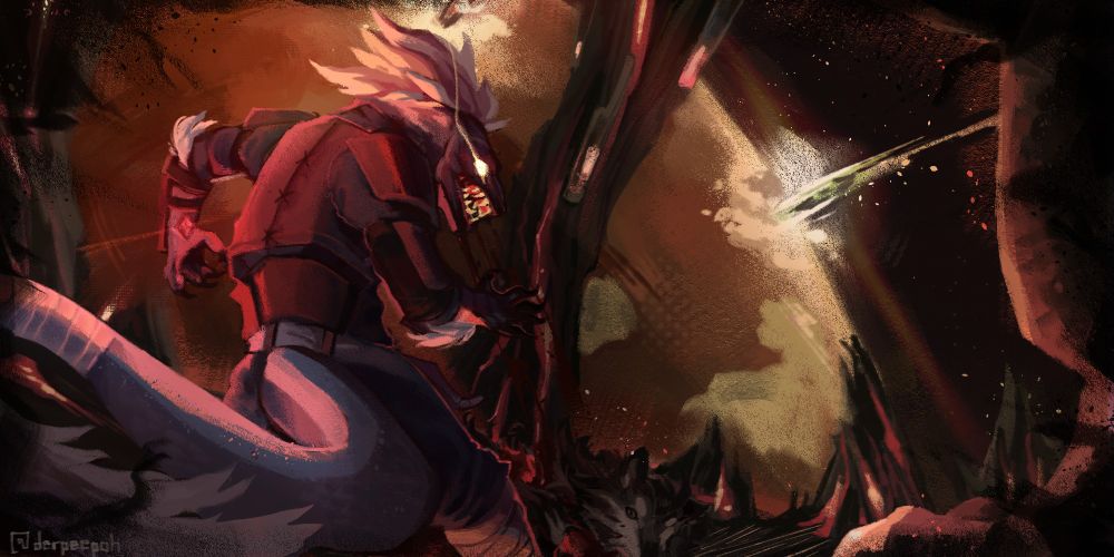 An anthomorphic utahraptor stands over a dead body in intense red lighting, her eyes glowing brightly. No gore is expressly shown.