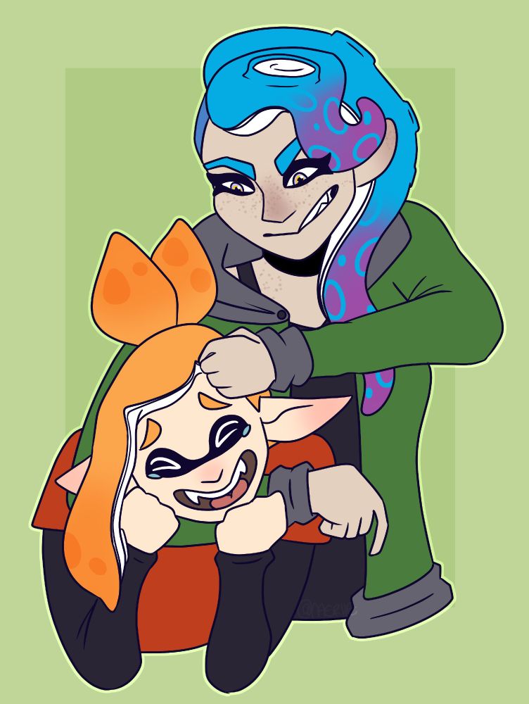 An octoling with vibrant pink and blue hair, sporting rings near the tips that is pale wearing a green jacket, gives a noogie to an excited inkling who is in a headlock and crying from laughing. They are friends. 