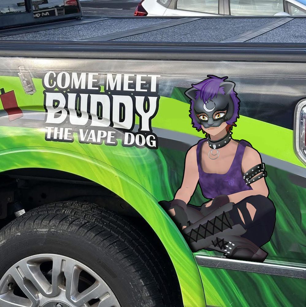 A Kit Sabrefang branded truck showing a sad wolf boi reading "COME MEET BUDDY THE VAPE DOG" apparently they're called Buddy the Vape Dog now seems weird to me idk