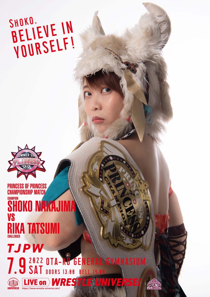 TJPW Summer Sun Princess 2022 poster with Shoko Nakajima as champion, title over her shoulder, reading "SHOKO, BELIEVE IN YOURSELF!"