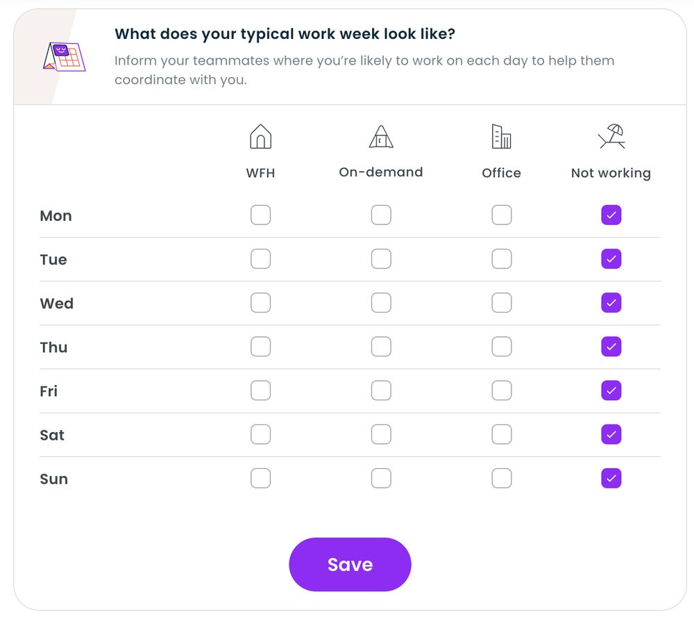 A screenshot of the Gable application. A table has days of the week as rows and the following options as columns:
work from home, on-demand, office, not working. 

all the days are set to "not working"