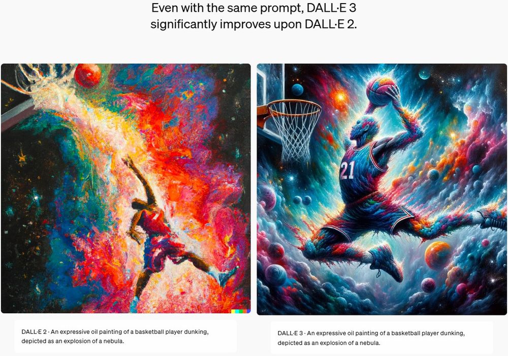 A pair of images from Open AI's DALLE-3 promotional website depicting two images from the same prompt, one from DALLE-2 and one from DALLE-3. It is asserted that DALLE-3s image is better despite them having radically different aesthetic styles