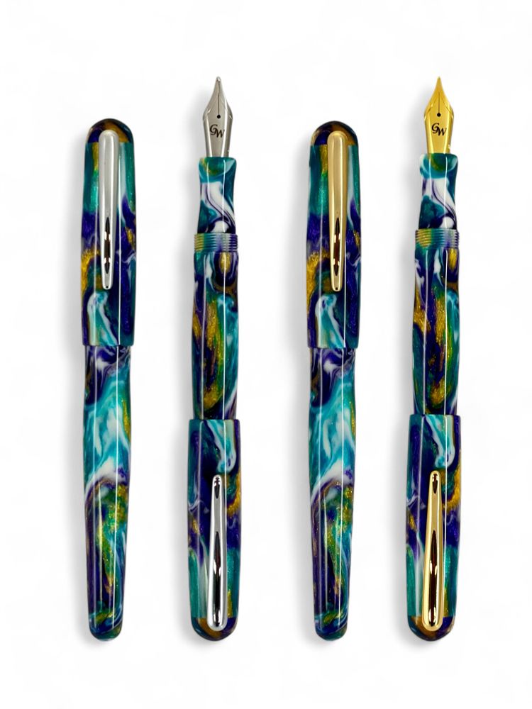 A fountain pen is shown both closed and posted with a chrome clip and steel nib and again with a gold clip and nib against a white background. The resin pen is gold, white, purple, and light blue.