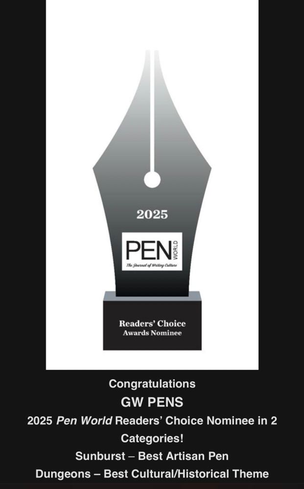 Nomination announcement from Pen World Magazine for GW Pens being nominated for the annual Readers Choice Awards in 2 categories: Sun year fountain pen in the Best Artisan Pen category, and matched Dungeon dice with pen set in the Best Cultural/Historical Theme category.