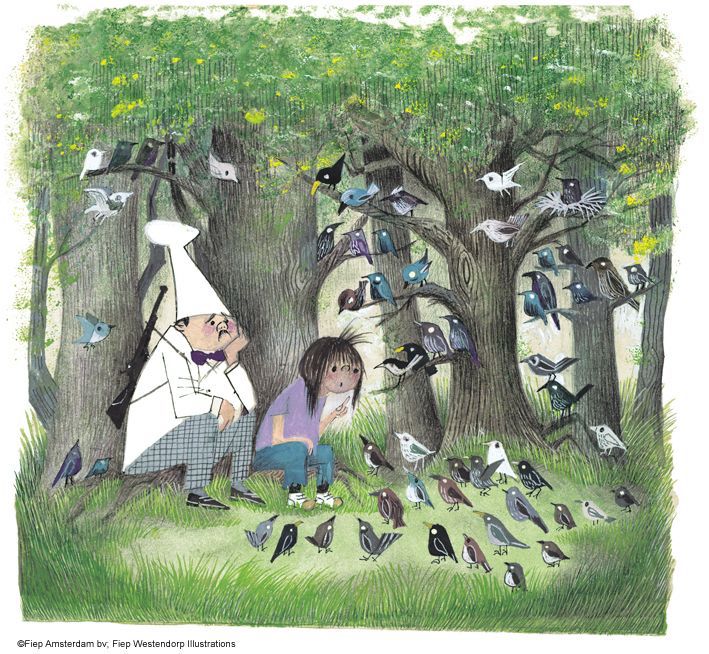 Tekening van Otje en Tos in het bos, pratend met vogels. Fiep Westendorp.