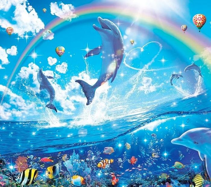 a stylized, over-the-top image of dolphins leaping over a tropical sea with hearts, hot air balloons and rainbows in the sky behind them