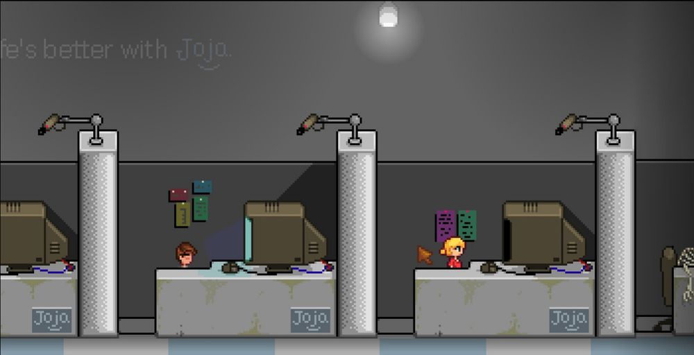 a screenshot of one of the opening scenes of stardew valley, where we see a lightless, grimy office of cubicles being monitored by surveillance cameras