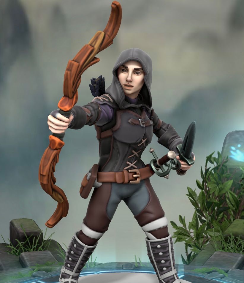 Half Elf rogue raising bow, dagger in hand in case of unforeseen threat 