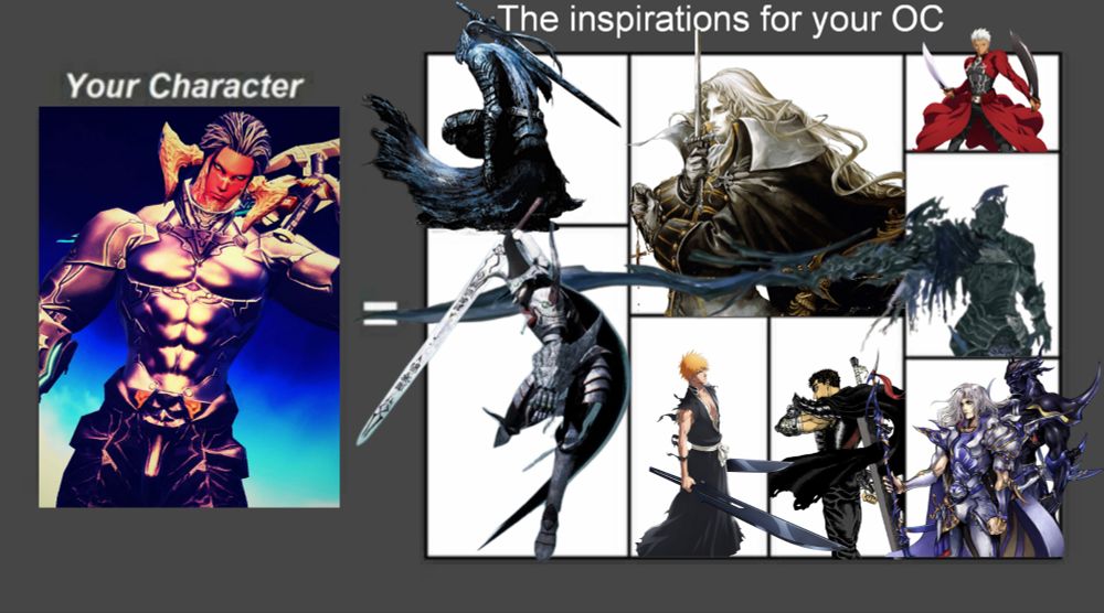 From left to right:

Artorias, The Abysswalker — Dark Souls I

Raikoh Minamoto (Minamoto No Yorimitsu/Raiko) — Otogi 1 & 2, (and The "Otogi-Zoshi" text)

Alucard — Castlevania (Symphony of The Night)

Ichigo Kurosaki — Bleach

Guts — Berserk 

Cecil Harvey — Final Fantasy IV

Odin (Barnabas Tharmr) — Final Fantasy (XVI)

Archer EMIYA — Fate
