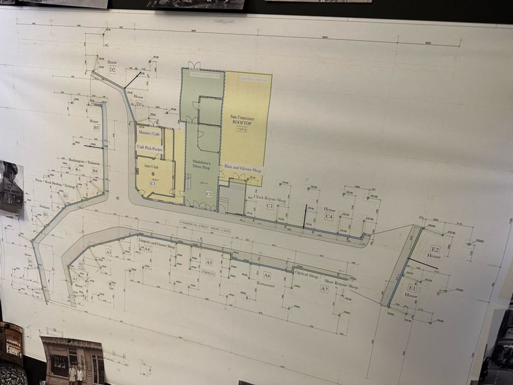 Closeup of the Parisian Street backlot blueprint/map. 