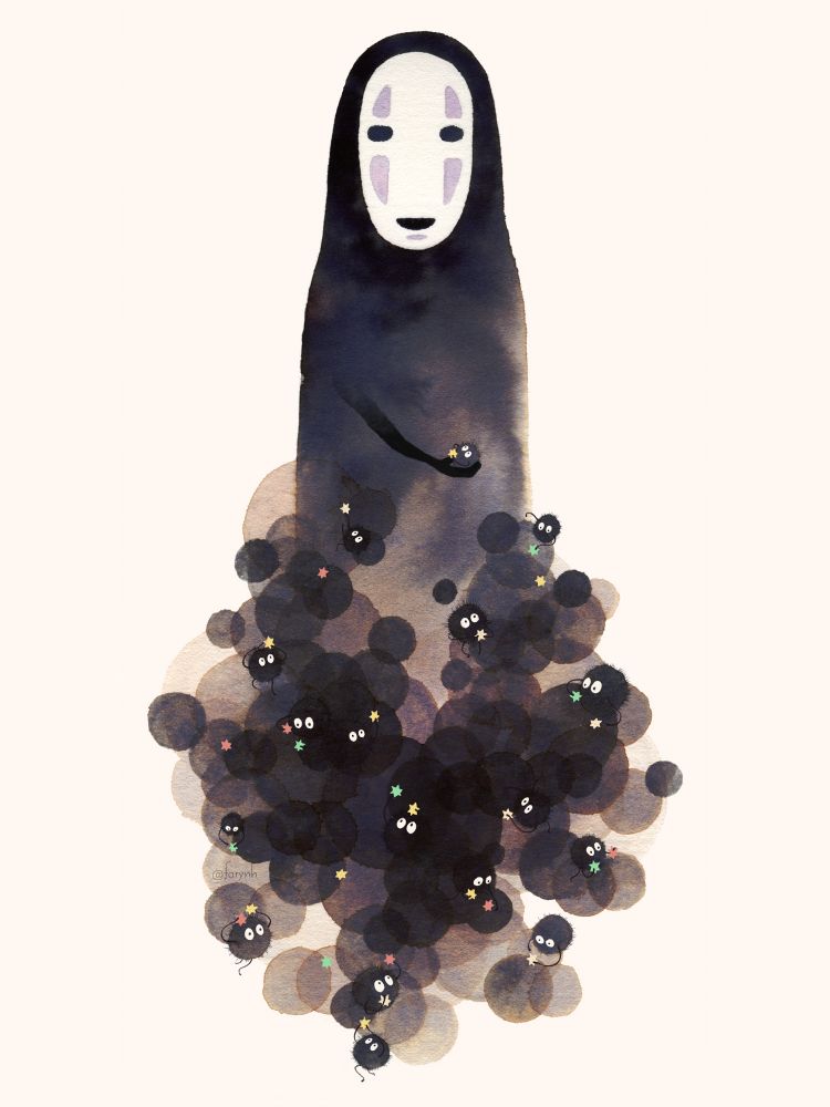 Watercolor painting of Ghibli character No Face surrounded at the bottom by circles of watercolor and Soot sprite characters holding star candies. No face holds one sprite in his hand.