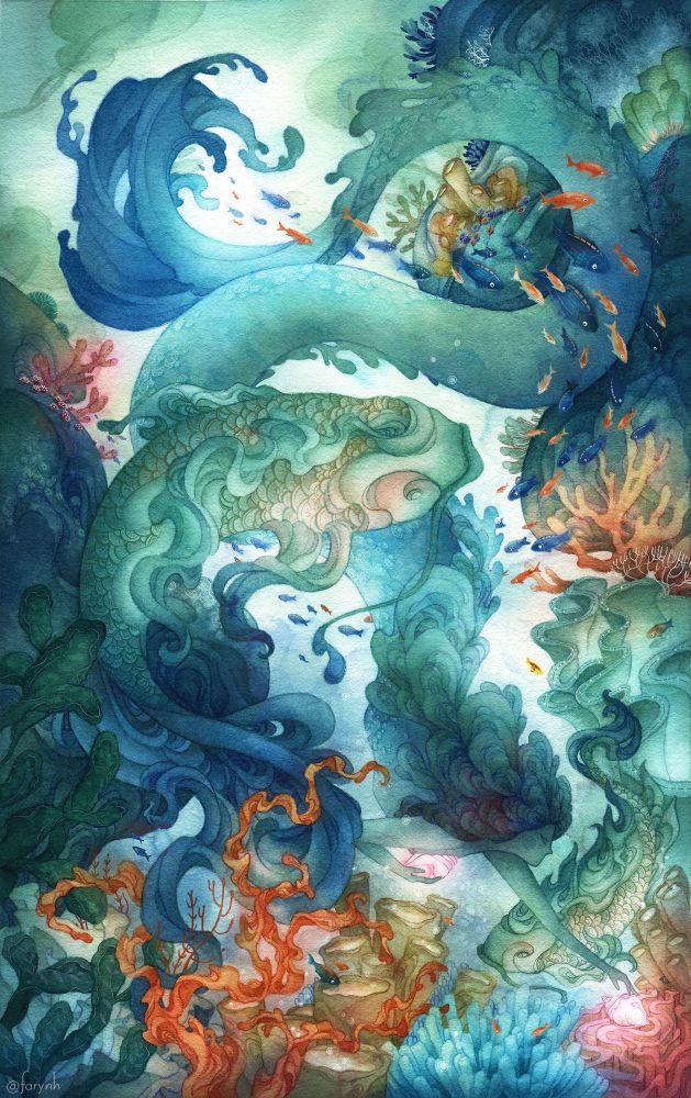 watercolor painting of a mermaid holding a conch shell, reaching for a second one sitting on top of coral. Two large koi fish swim around her. Coral is along the bottom and up both sides while small fish are lopping between her tail, coming down from the water's surface