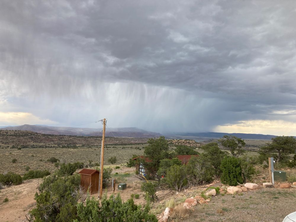 a desert landscape, a huge wall of rain coming towards the viewer.