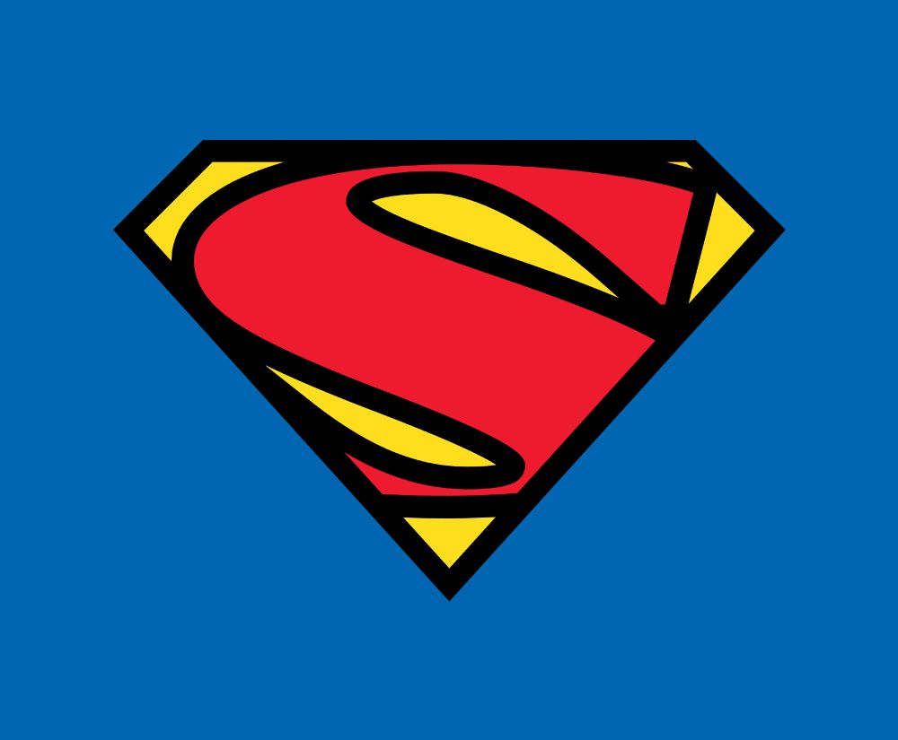 A red, yellow, and black Superman logo on a blue background.