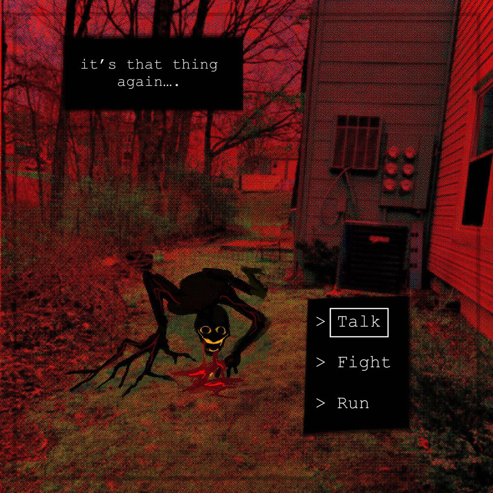 pixelated rendition of a creepy smiling humanoid monster with weird, branch like limbs, dripping blood from its mouth. Fake game elements such as a selection menu and blurb are present as well