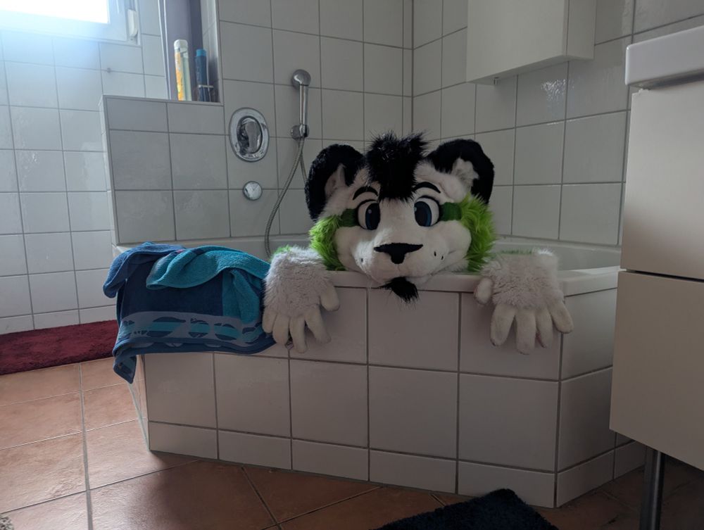 Fibre is peeking out of the tub, looking innocently at the camera, his chin resting on the bathtub rim, his hands dangling down the sides. A blue towel rests on the rim next to him. 