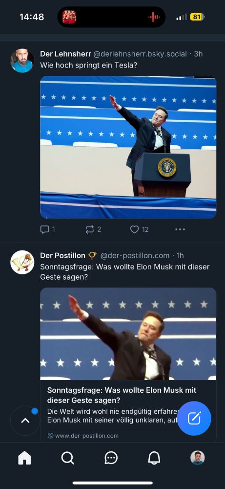 Das Bild zeigt zwei Beiträge auf Bluesky. Beide beschäftigen sich mit einem Foto von Elon Musk, der die berüchtigte Armbewegung macht. Der obere Beitrag trägt die Überschrift „Wie hoch springt ein Tesla?“. Der untere Beitrag, vom Satire-Magazin „Der Postillon“, fragt: „Was wollte Elon Musk mit dieser Geste sagen?“ und beschreibt die Geste als unklar.