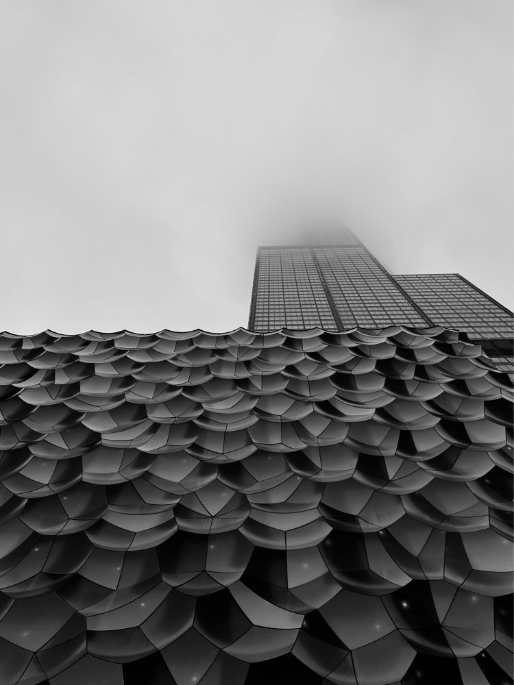 A black and white image of a Chicago building in the fog from the sidewalk looking up.