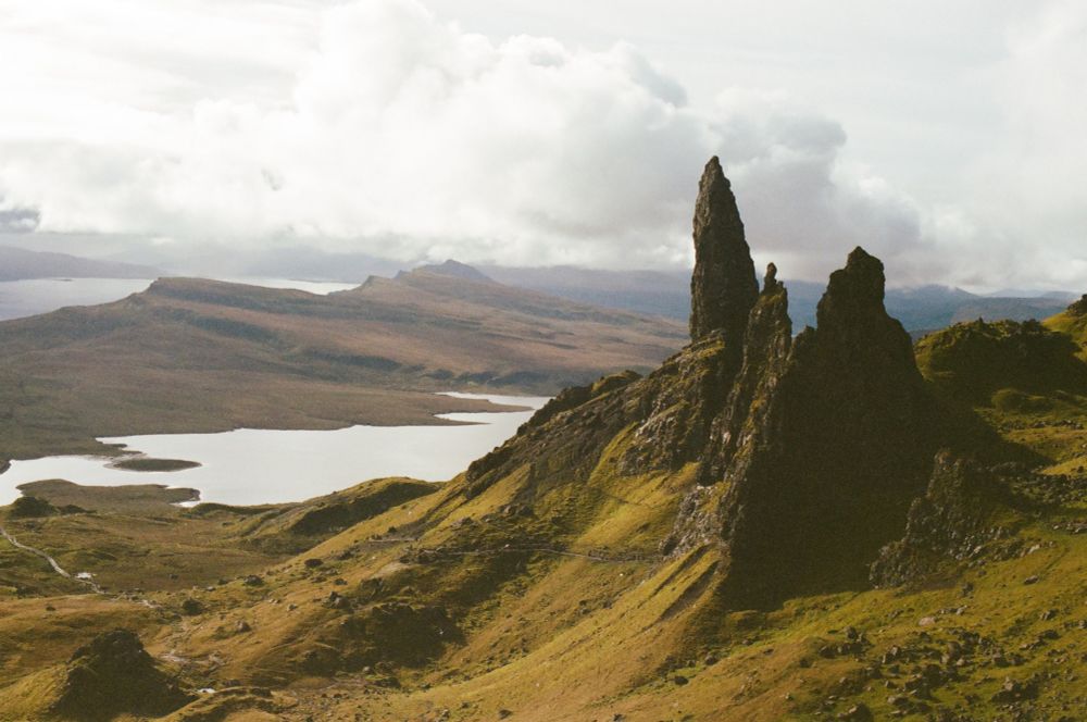 Landscape view of the Old Man of Storr rock formation on the Isle of Skye in Scotland.