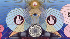 Painting: Thanaton III by Paul Laffoley. An eye in a pyramid surrounded by geometric designs.