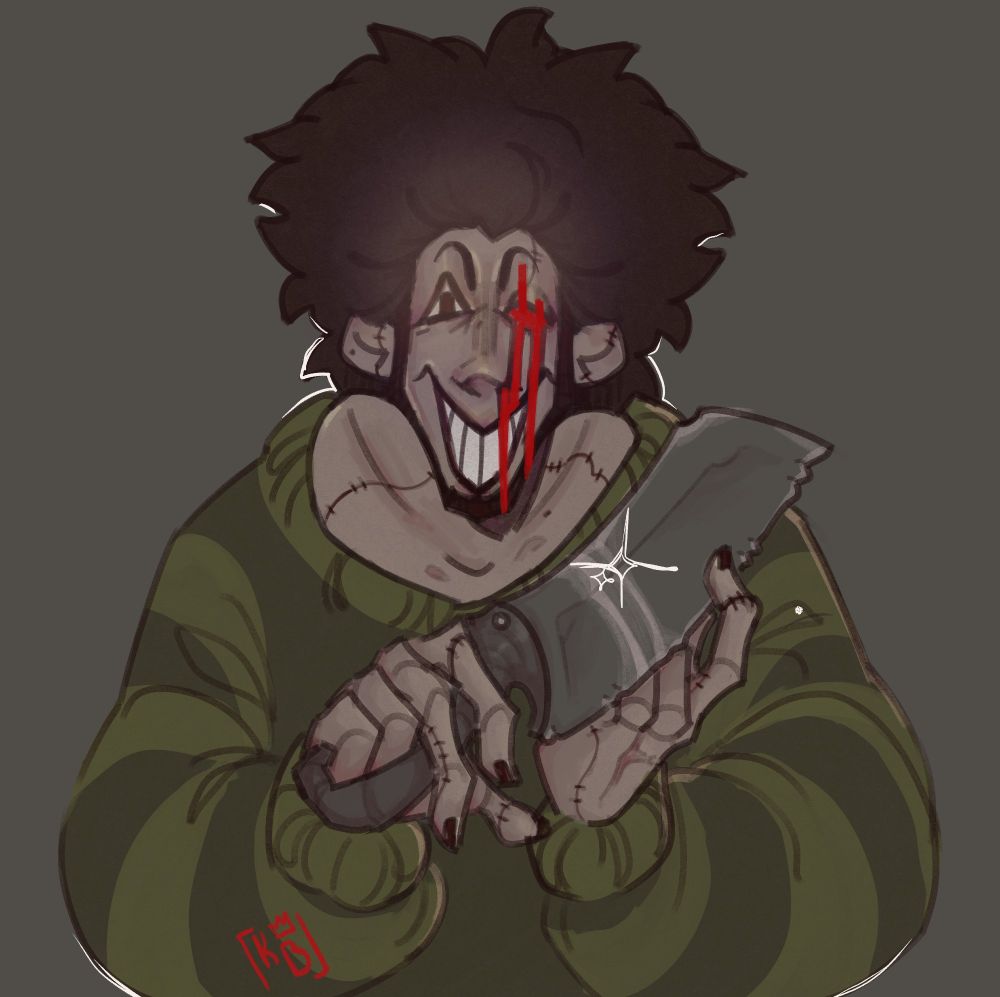 A digital halfbody drawing of a character of mine. Mostly unrendered besides colour, he is holding a glinting bonesaw and looking at the "viewer" with an uncanny, long smile and distorted, red right eye.