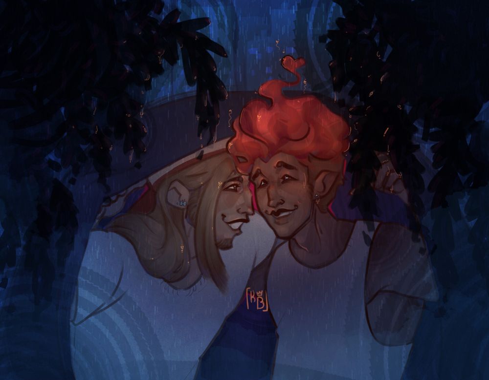 A romantic, digital drawing of two young adult men. They're huddled under a blanket together, outside in the rain, amongst dripping trees. They're glowing warmly from the right man's flame-hair. Right character owned by BlueteaJJ here on Bluesky