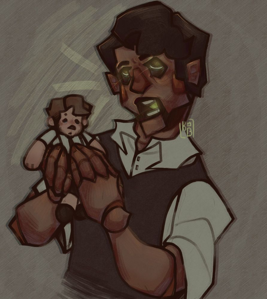 A digital halfbody drawing of Woodrow, a woode puppet man belonging to BlueteaJJ here on Bluesky. He is glowing green from his mouth and eyes, mouth ajar, as he almost gently holds a plush doll of his enemy/lover.