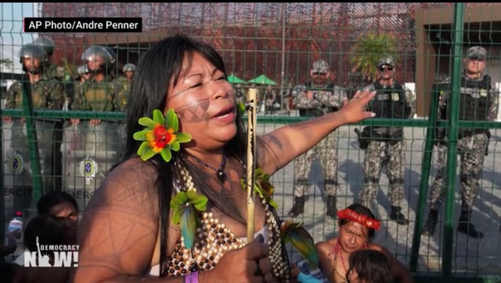 LIVE! screenshot of Amazon indigenous leader speaks out at first day's COP 30 protest that temporarily shut down the opening ...