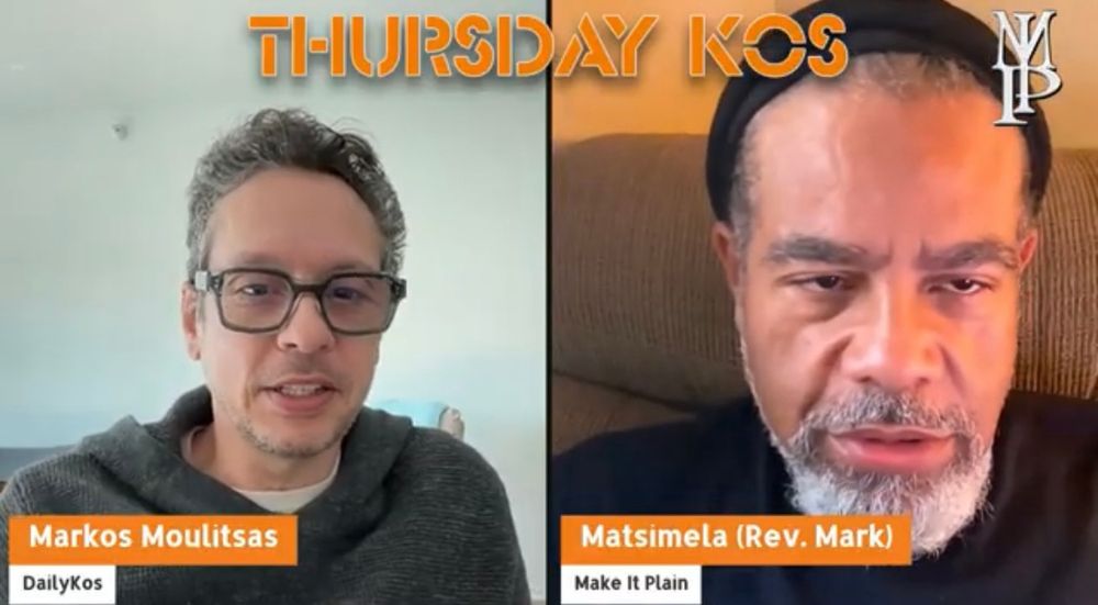 LIVE! screenshot of Markos on the left. & Rev. Mark .... for thurs kos talk abt the democracy crisis