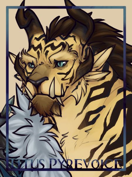 Profile drawing of a yellow charr with dark brown/black stripes and short brown/black hair. He's smiling gently.