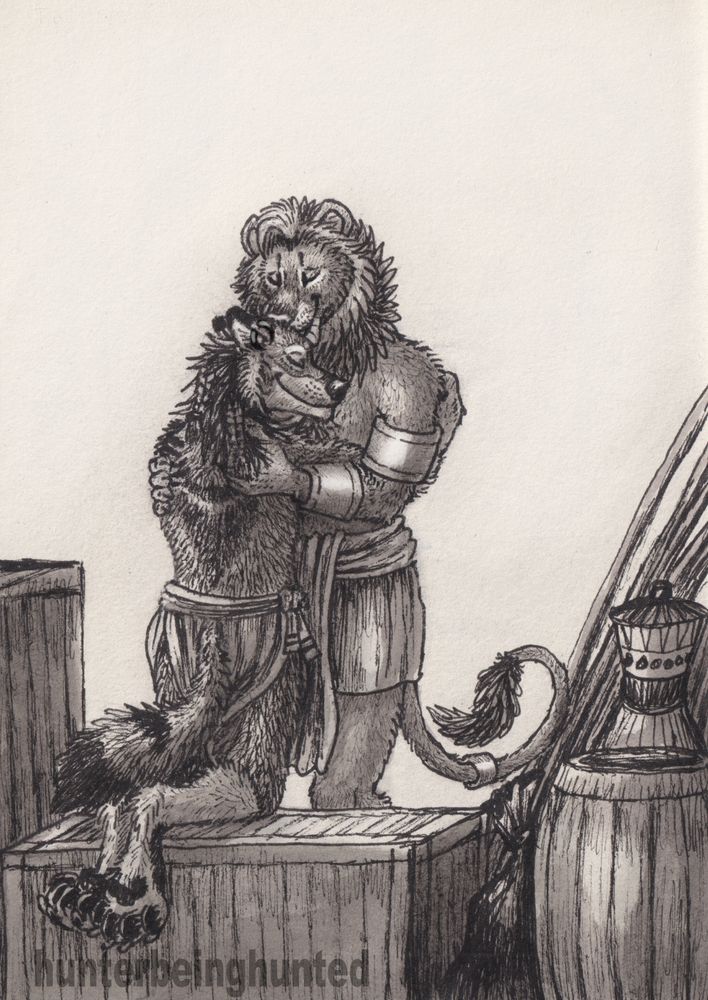 An anthro wolf guy and an anthro lion guy hugging, with the wolf kneeling on a box and the lion standing and holding the wolf and giving him a  kiss on the forehead. Both appear to be in a storage room of sorts.