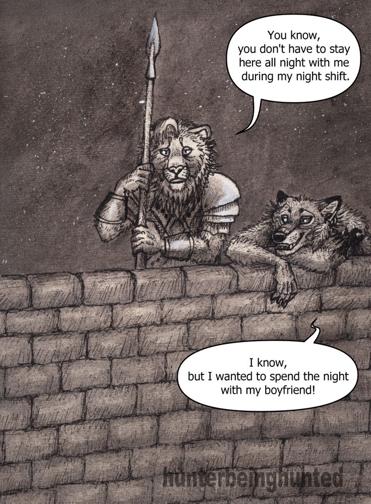 anthro lion guy leaning to a spear standing on a stone wall and looking very tired. He is telling his boyfriend anthro wolf guy that is next to him leaning to the stone wall that he does not need to stay with him all night during his night shift but the boyfriend replies he wants to spend the night with him.